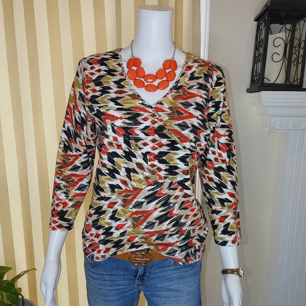 RUBY RD. SOUTHWESTERN PRINT VNECK BEADED TOP S - Picture 1 of 6